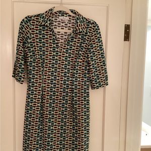 Jude Connally tunic v-neck dress in turquoise, yellow & brown.  Size small.